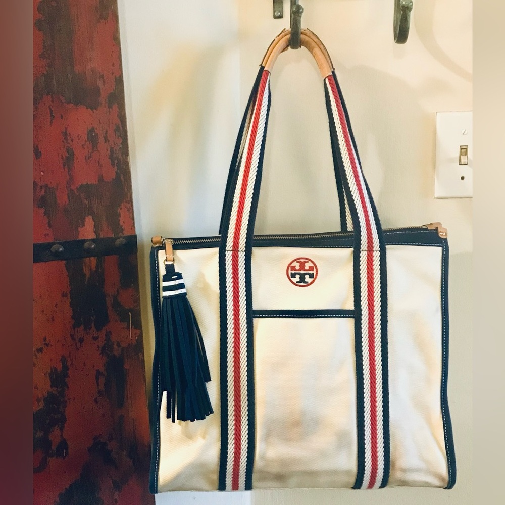 Tory Burch Canvas Tote in Offwhite with Red Navy contrast straps Large size